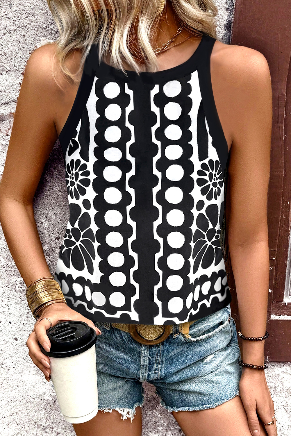 Black Geometric Print Sleeveless Top
