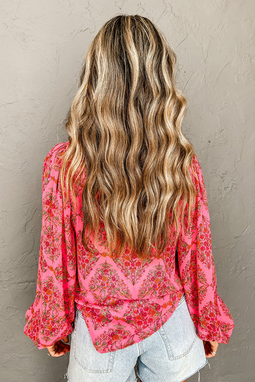 Strawberry Pink Floral Print Collared Button Up Puff Sleeve Shirt