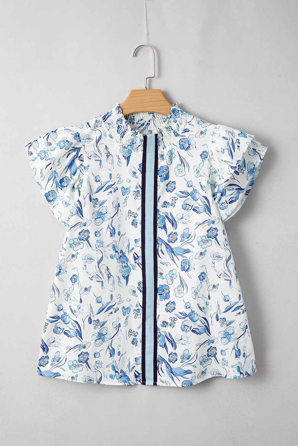 Sky Blue Ruffle Short Sleeve Floral Print Pop of Color Neckline Blouse
