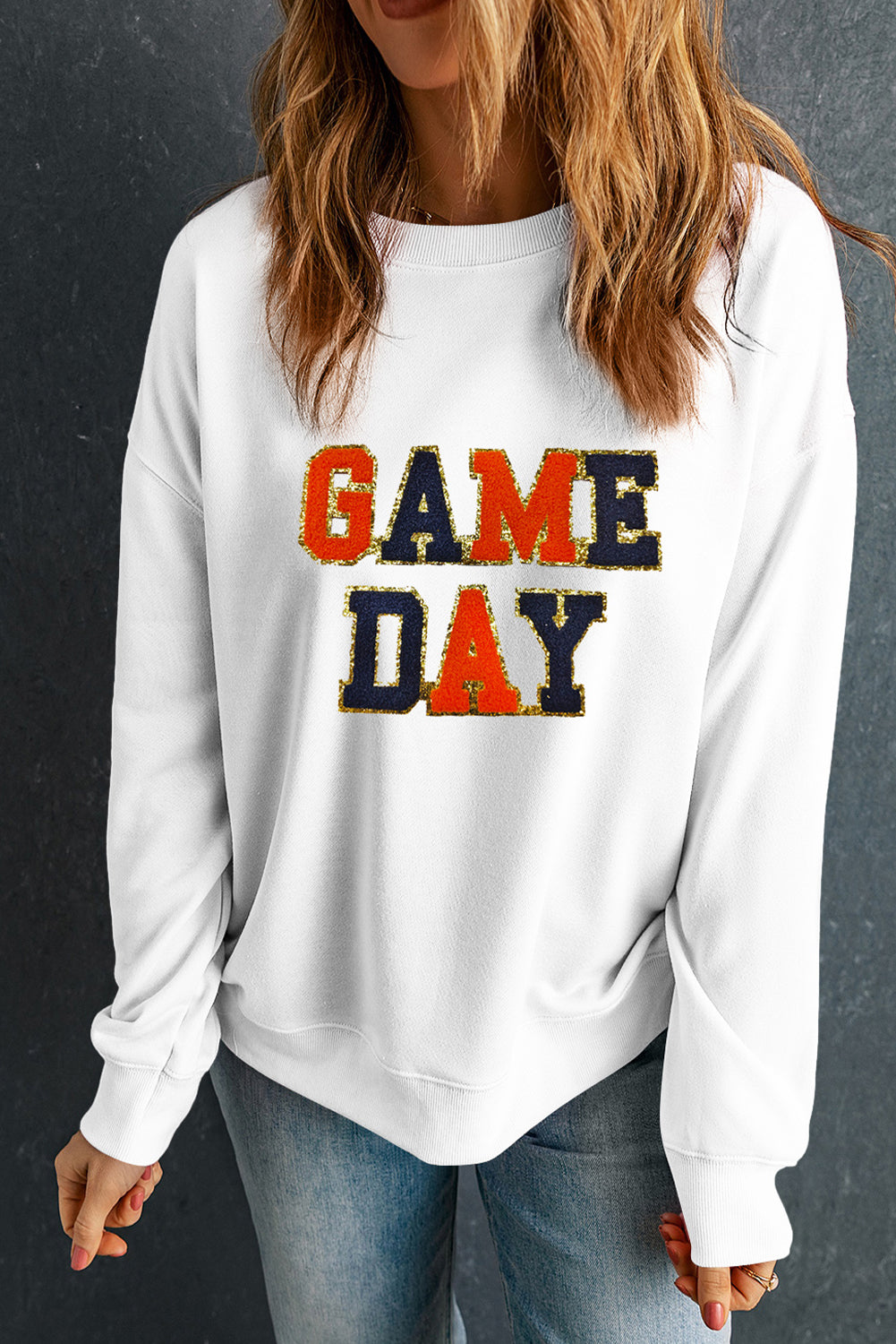 White Chenille GAME DAY Letter Round Neck Sweatshirt
