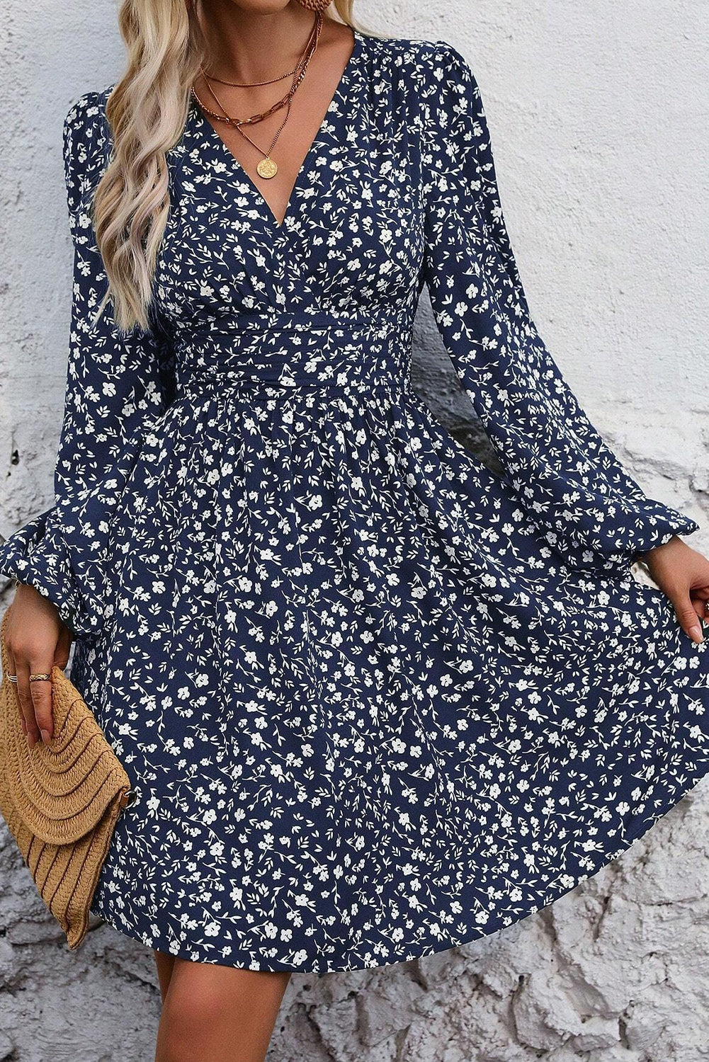 Dirty Blue Floral Print V Neck Long Sleeve Mini Dress