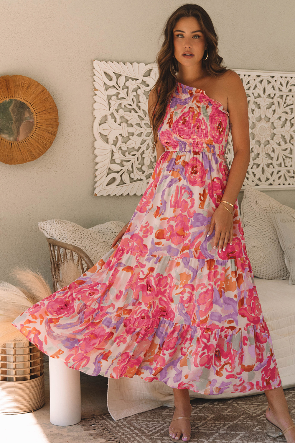 Malaysia Floral Print Shirred One Shoulder Maxi Dress-0