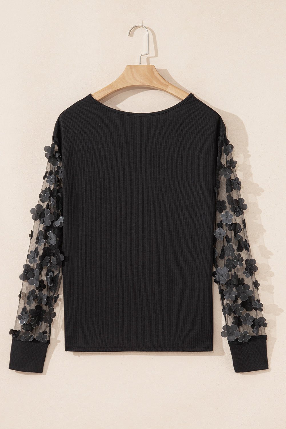 Black Flower Applique Mesh Long Sleeve V Neck Top