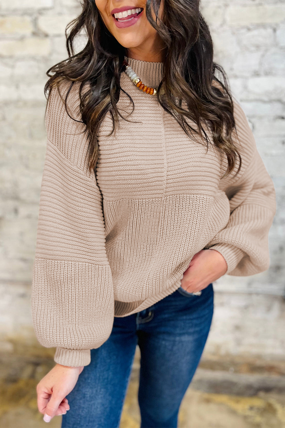 Parchment Mixed Texture Patchwork Knitted Lantern Sleeve Sweater