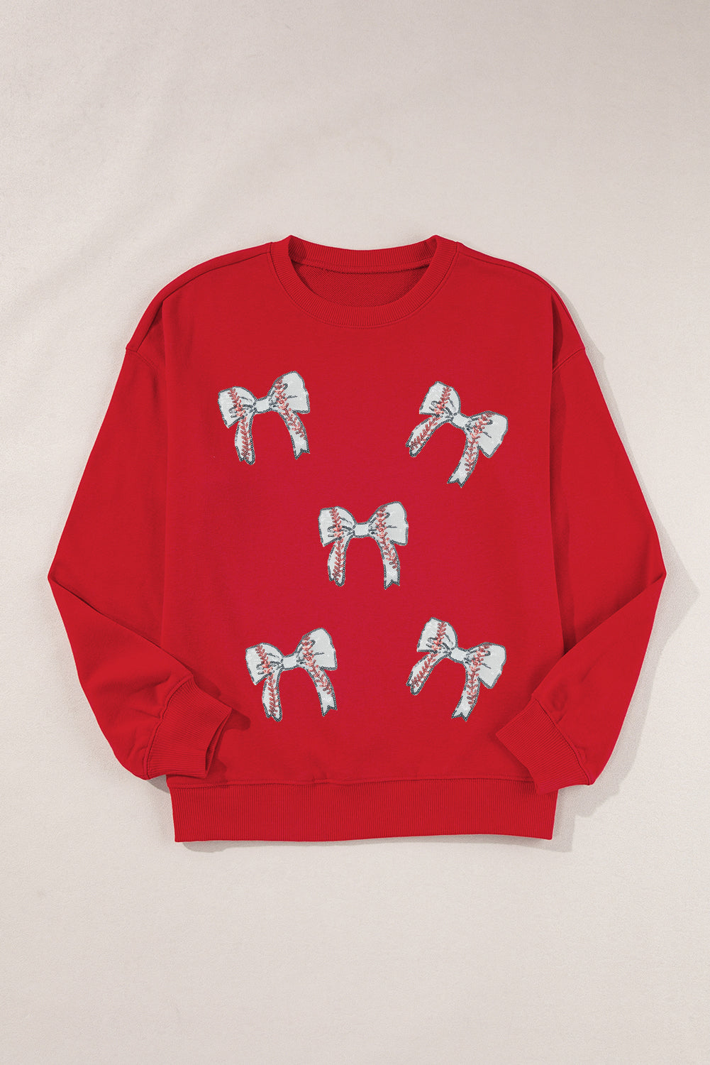 Red Sequined Baseball Bow Graphic Plus Size Sweatshirt