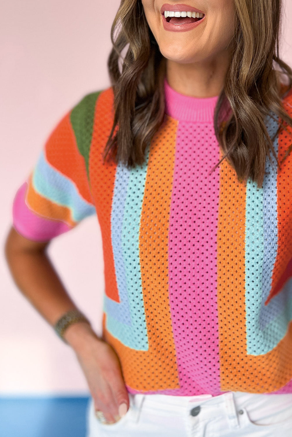 Orange Colorblock Eyelet Casual Knit T Shirt