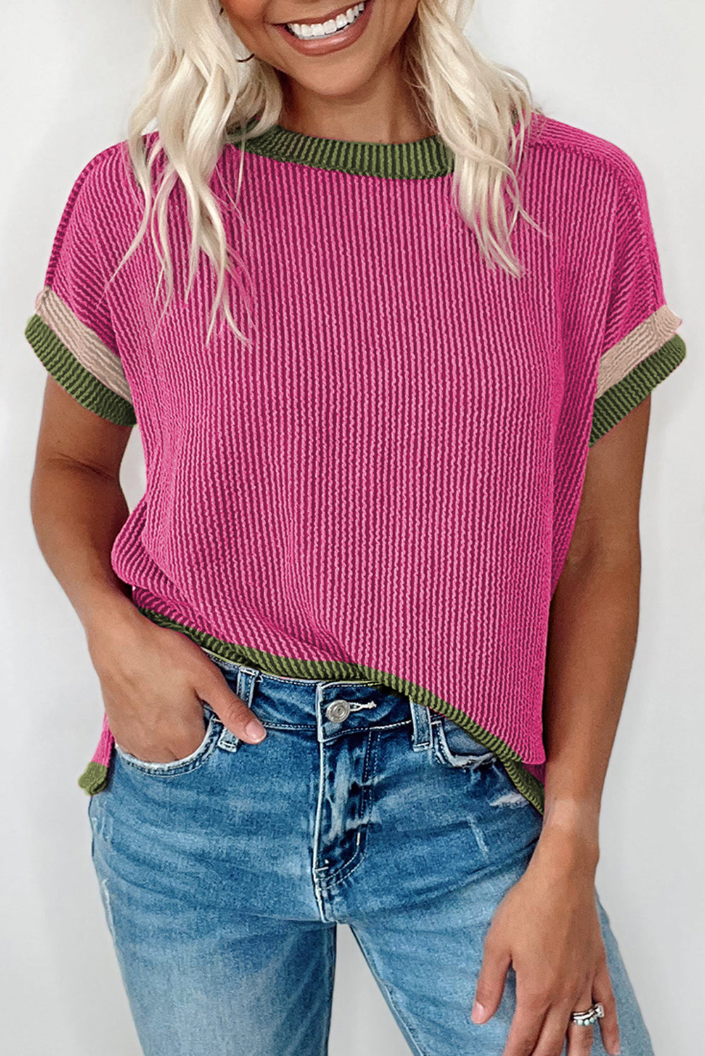 Rose Red Textured Colorblock Round Neck T Shirt