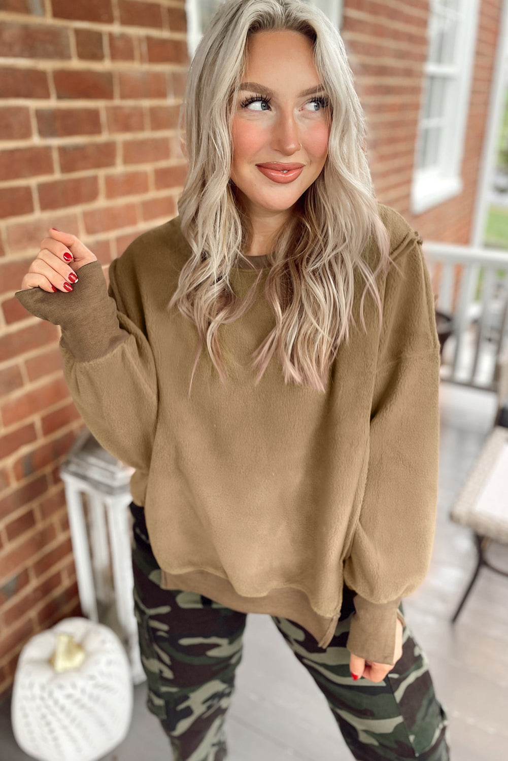 Dark Khaki Fuzzy Sherpa Splicing Pullover Sweatshirt