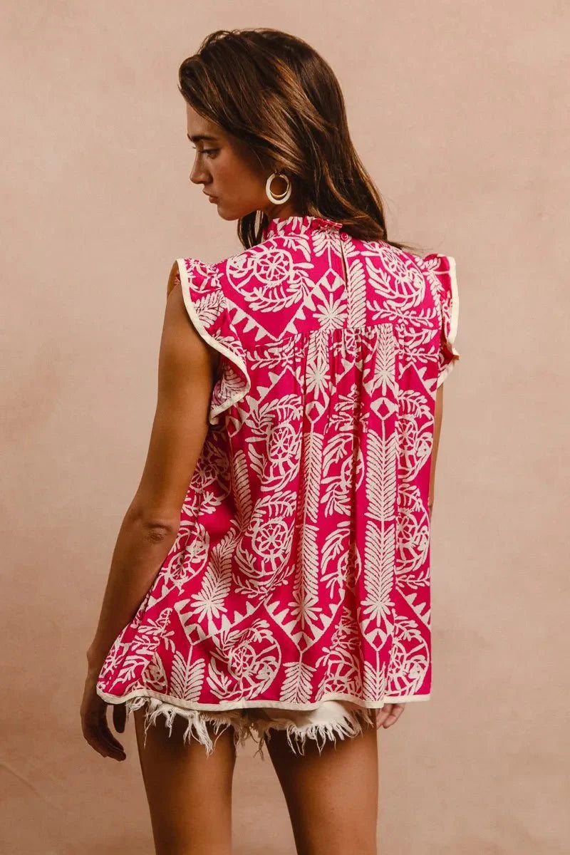 BiBi Printed Ruffle Sleeve Top-4