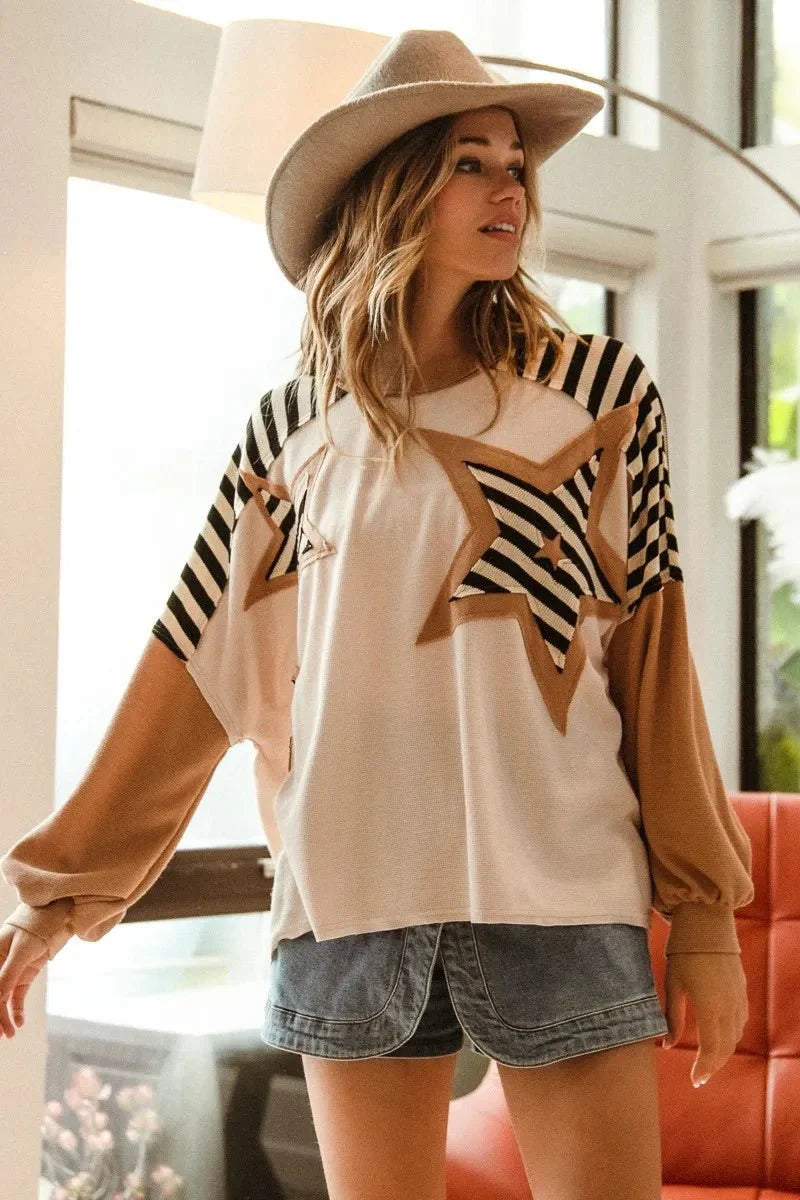BiBi Star Patchwork Mixed Long Sleeve Top-1