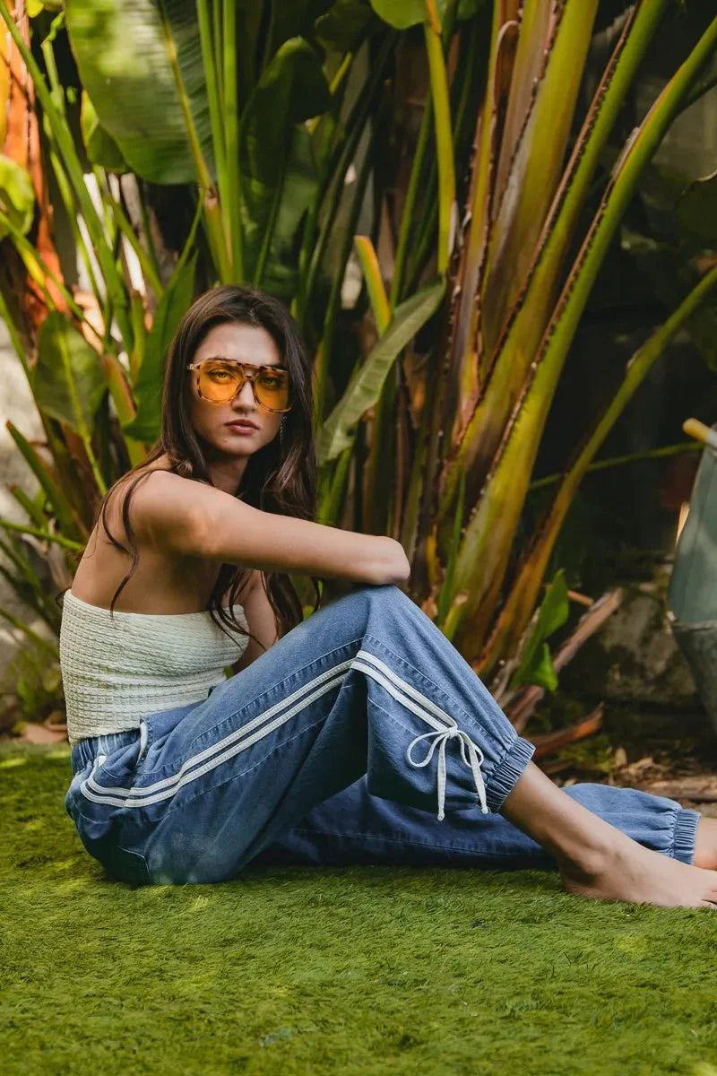 BiBi Striped Tape Details With Bot Tied Point Elastic Waist Jeans-3