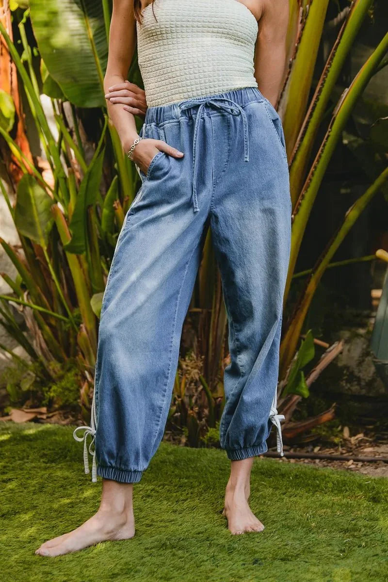 BiBi Striped Tape Details With Bot Tied Point Elastic Waist Jeans-0