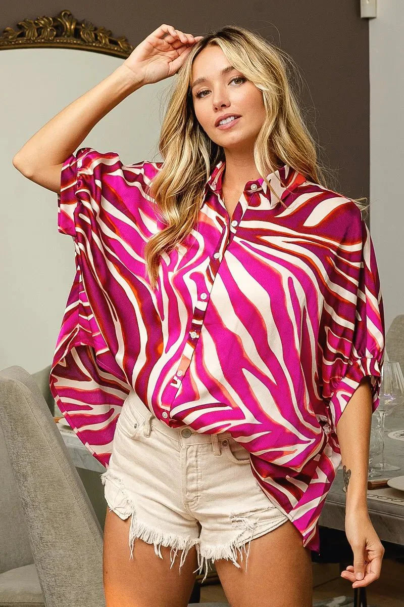 BiBi Zebra Dolman Silky Satin Shirt Top-1