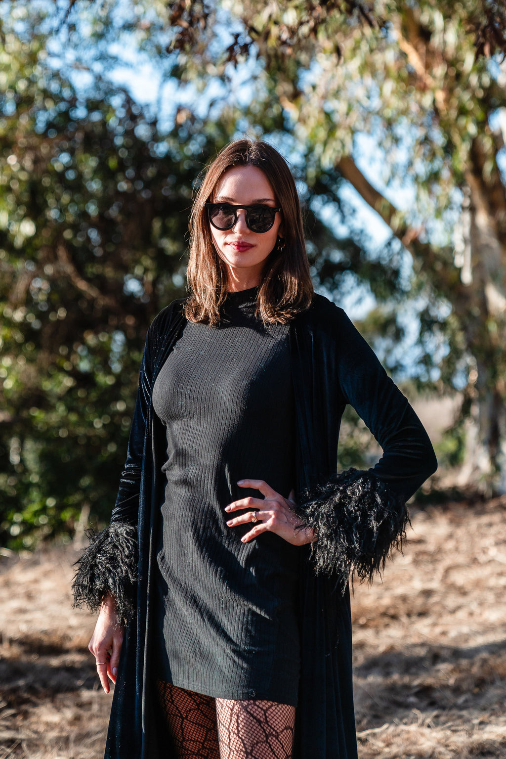 Buxom Black Velvet Faux Fur Cuff Coat