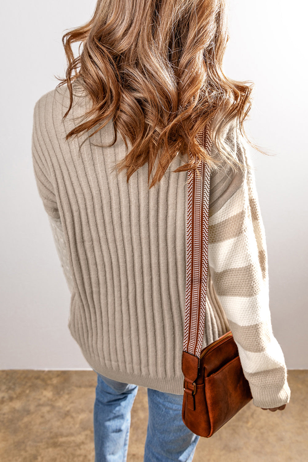Cable Knit Color Block Crew Neck Sweater-1