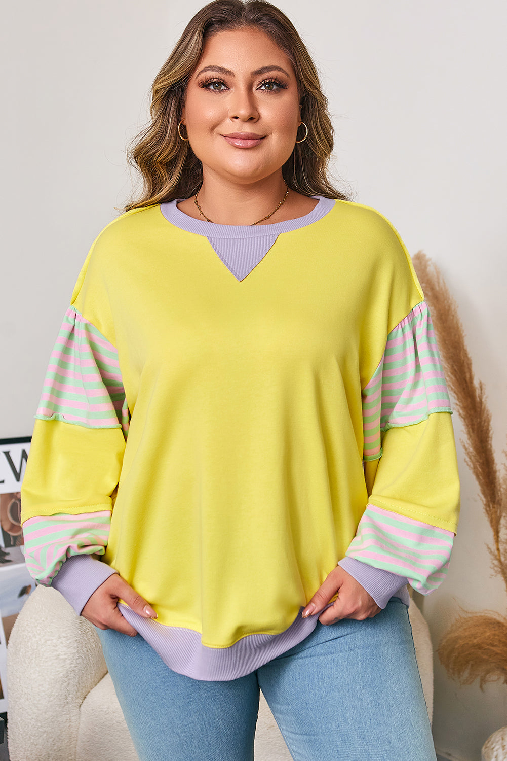 Yellow Striped Color Block Patchwork Crewneck Plus Size Pullover Sweatshirt