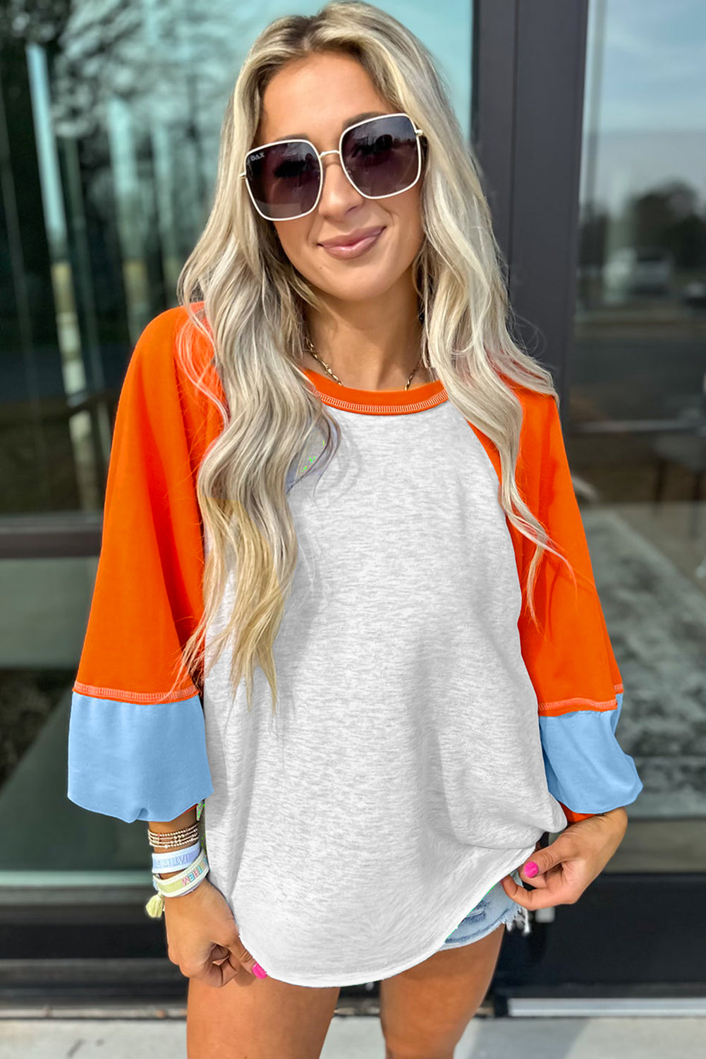 Light Grey Colorblock Raglan Sleeve Loose Fit Top