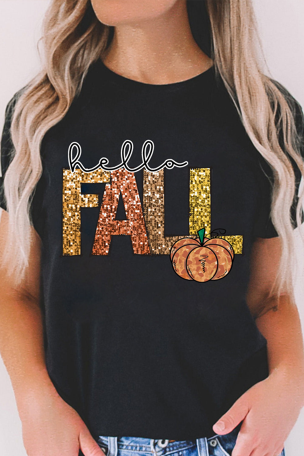 Black Hello Fall Letter Pumpkin Printed T Shirt
