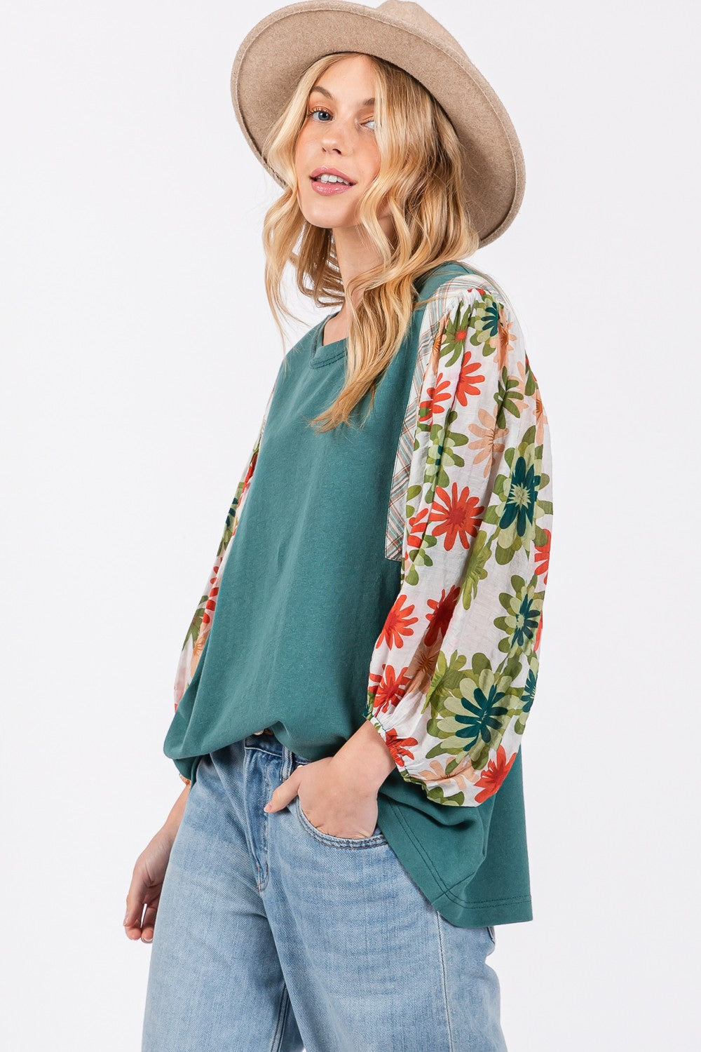 SAGE + FIG Full Size Printed Balloon Sleeve Contrast Top-2