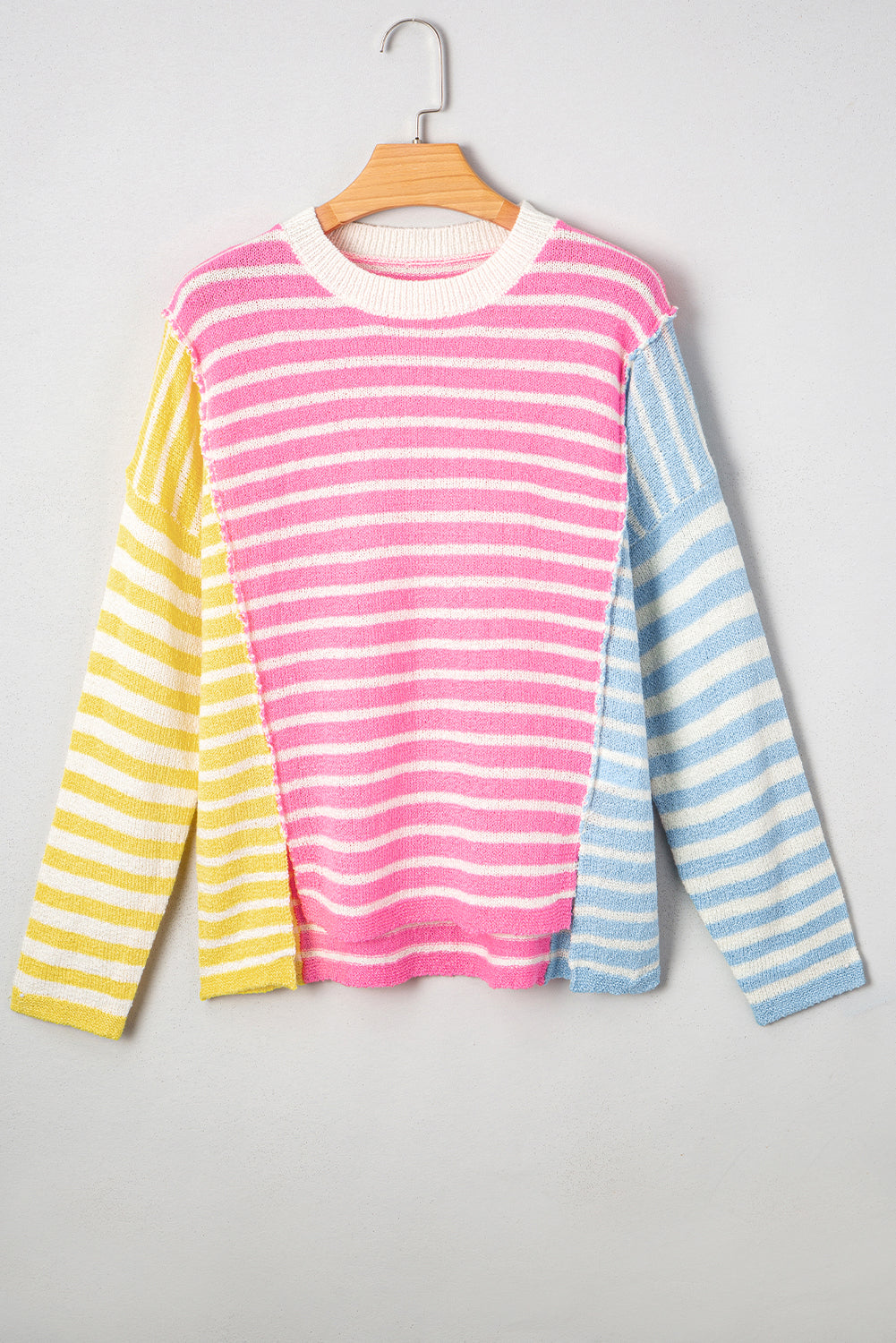 Multicolour Colorblock Striped Patchwork Dolman Sleeve Slit Sweater