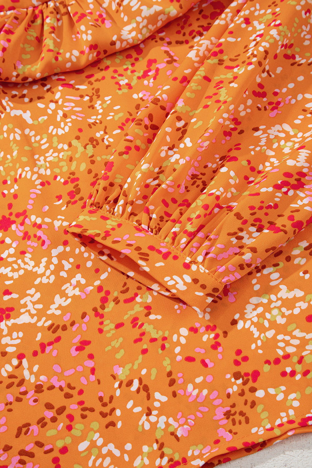 Orange Abstract Print Loose Fit Collared V Neck Babydoll Blouse