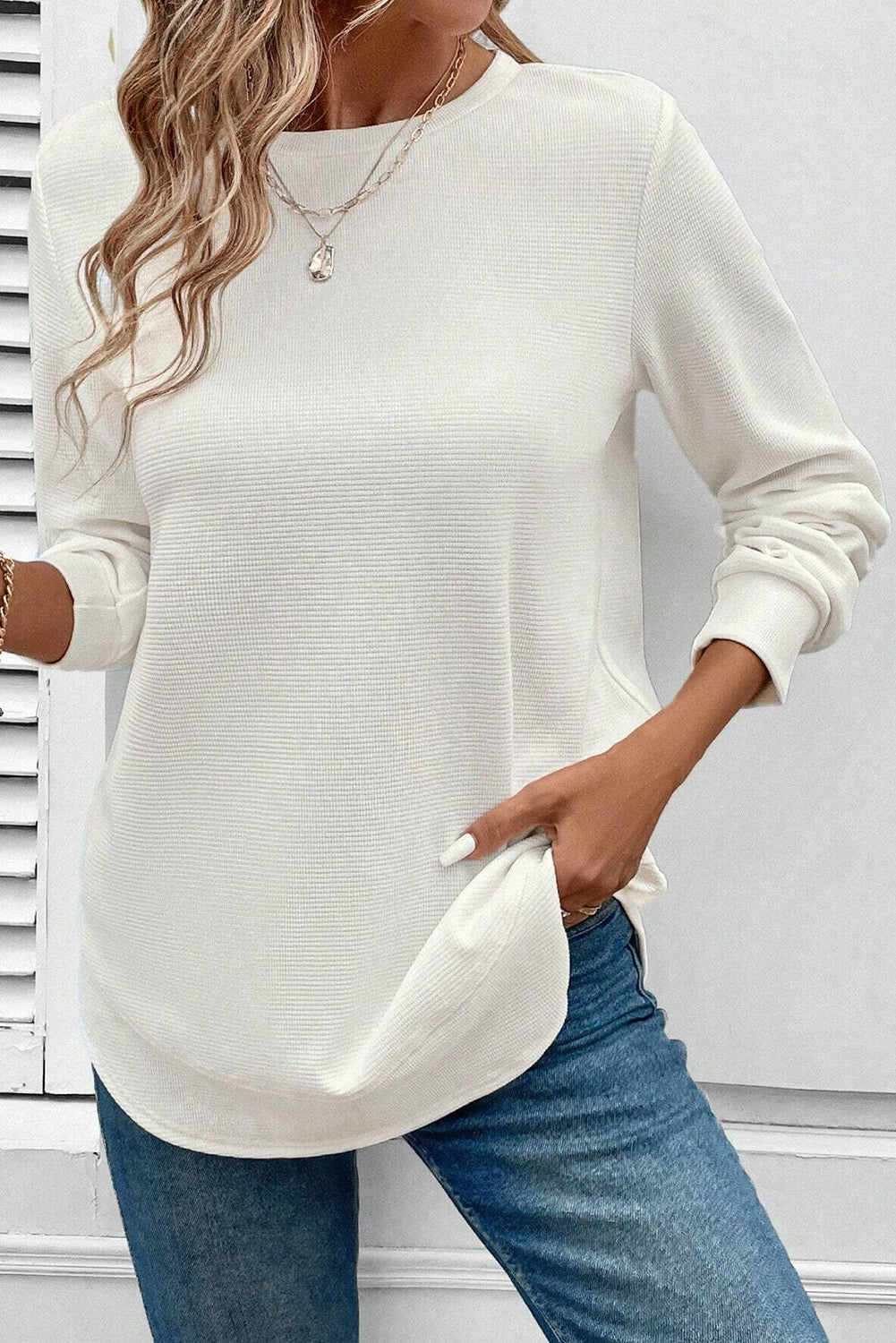 White Rounded Hem Waffle Plain Long Sleeve Top
