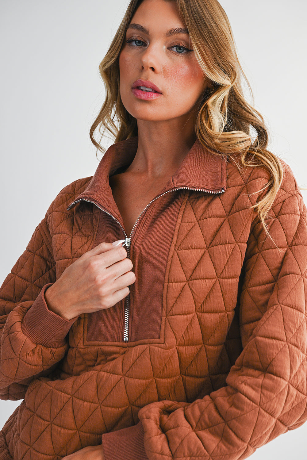 Straw Yellow Textured Zipper Neck Long Sleeve Pullover Sweatshirt