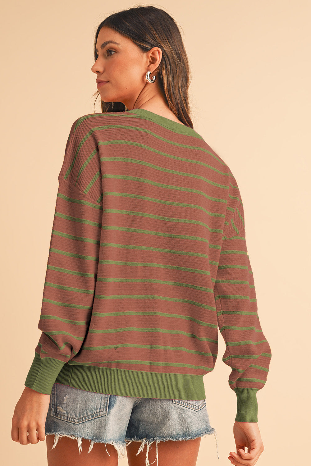 Brown Stripe Round Neck Drop Shoulder Loose Sweater