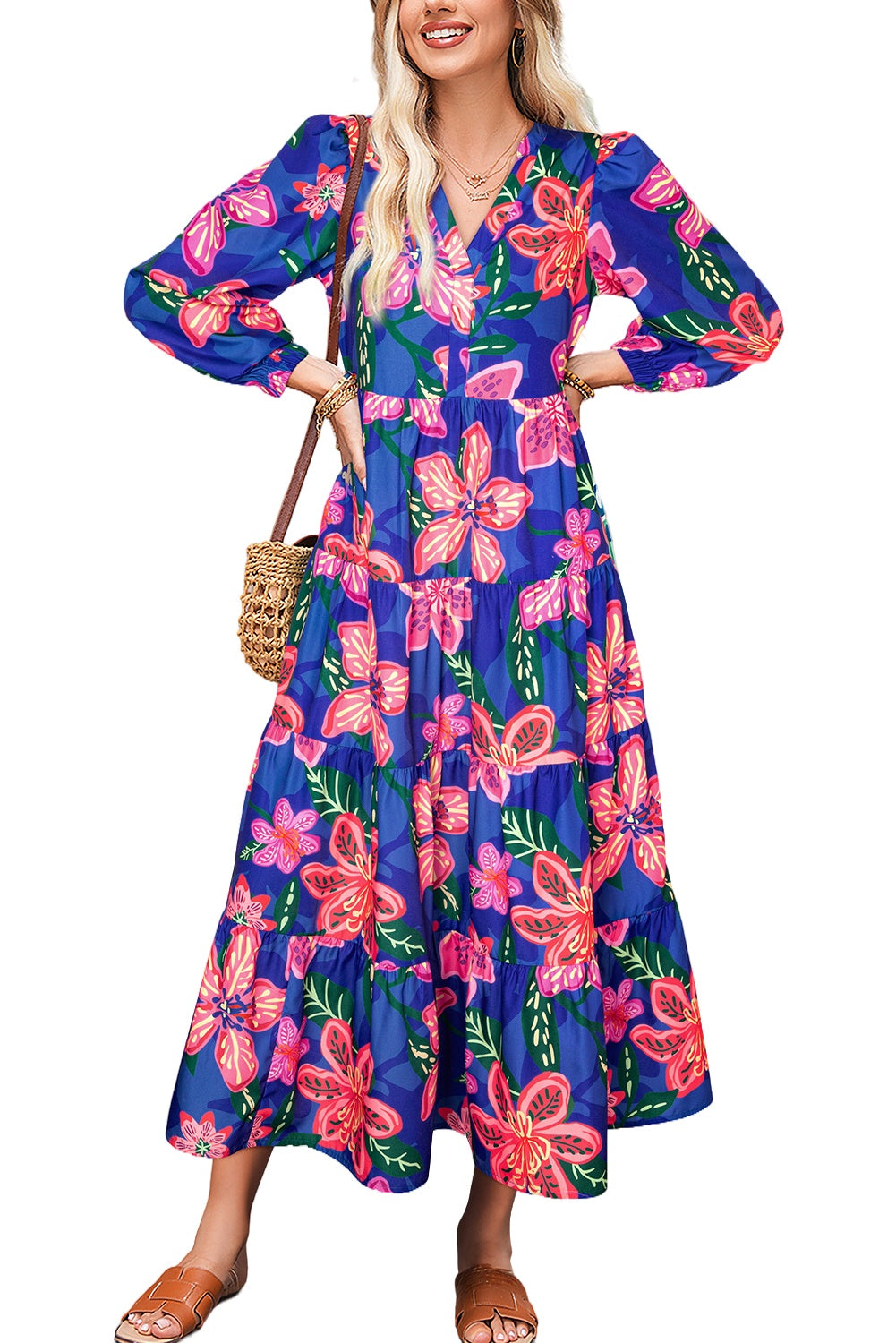 Blue Bohemian Floral Print Three Quarter Sleeve Tiered Maxi Dress