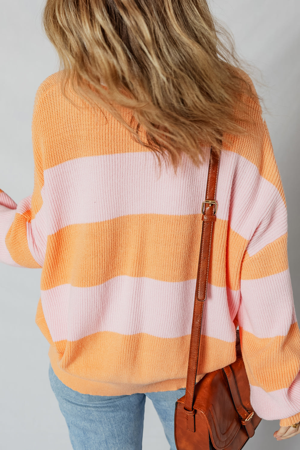 Orange Stripe Half Zip Collar Loose Sweater