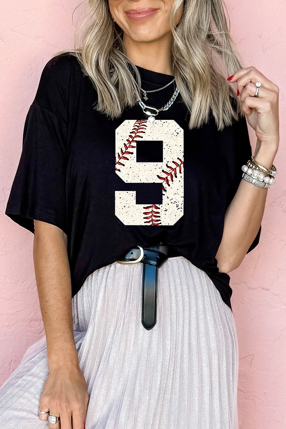 Black Game Day Number 9 Baseball Pattern Oversize Tee