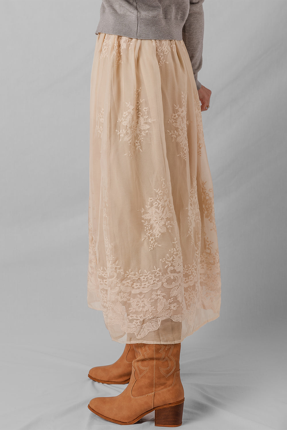 Oatmeal Embroidered Mesh Overlay Flowy Long Skirt
