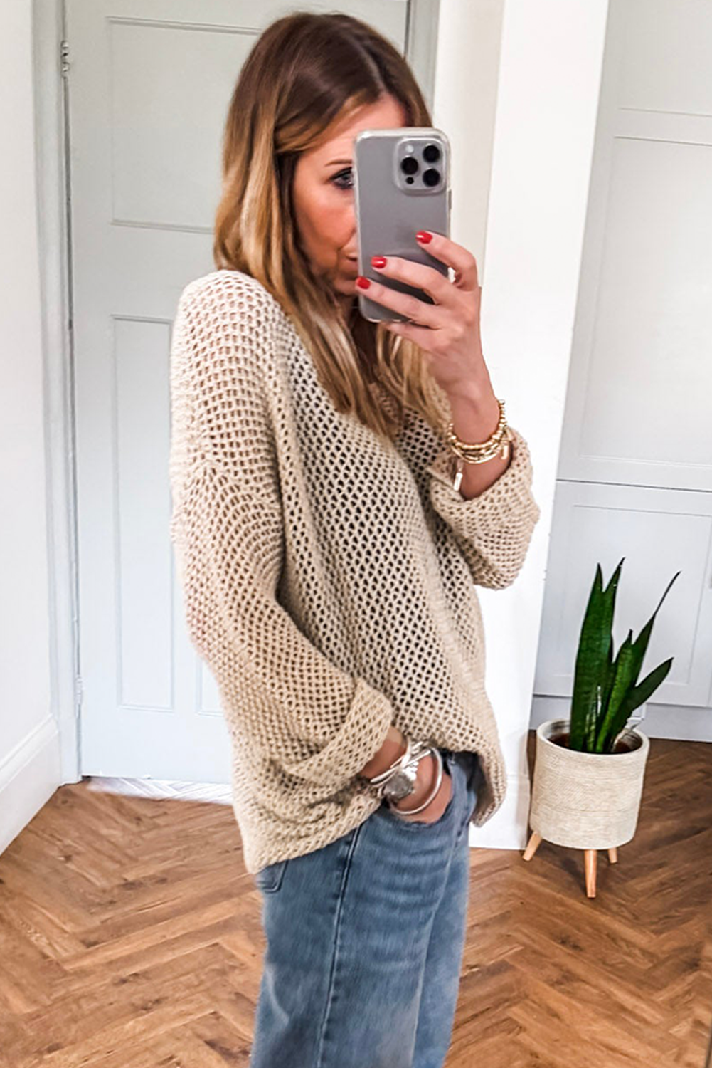 Smoke Gray Crochet Hollow-out Knit Sweater