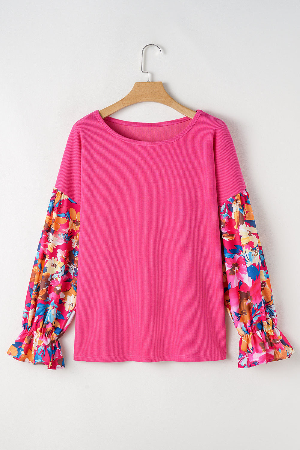 Bright Pink Floral Patchwork Flounce Sleeve Plus Knit Top