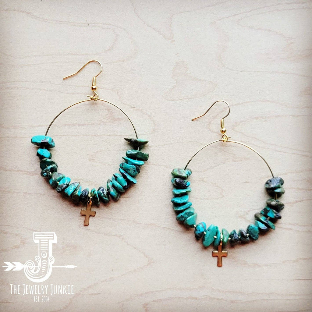 Beaded Hoop Earrings Natural Turquoise w/ Cross Dangle 221c