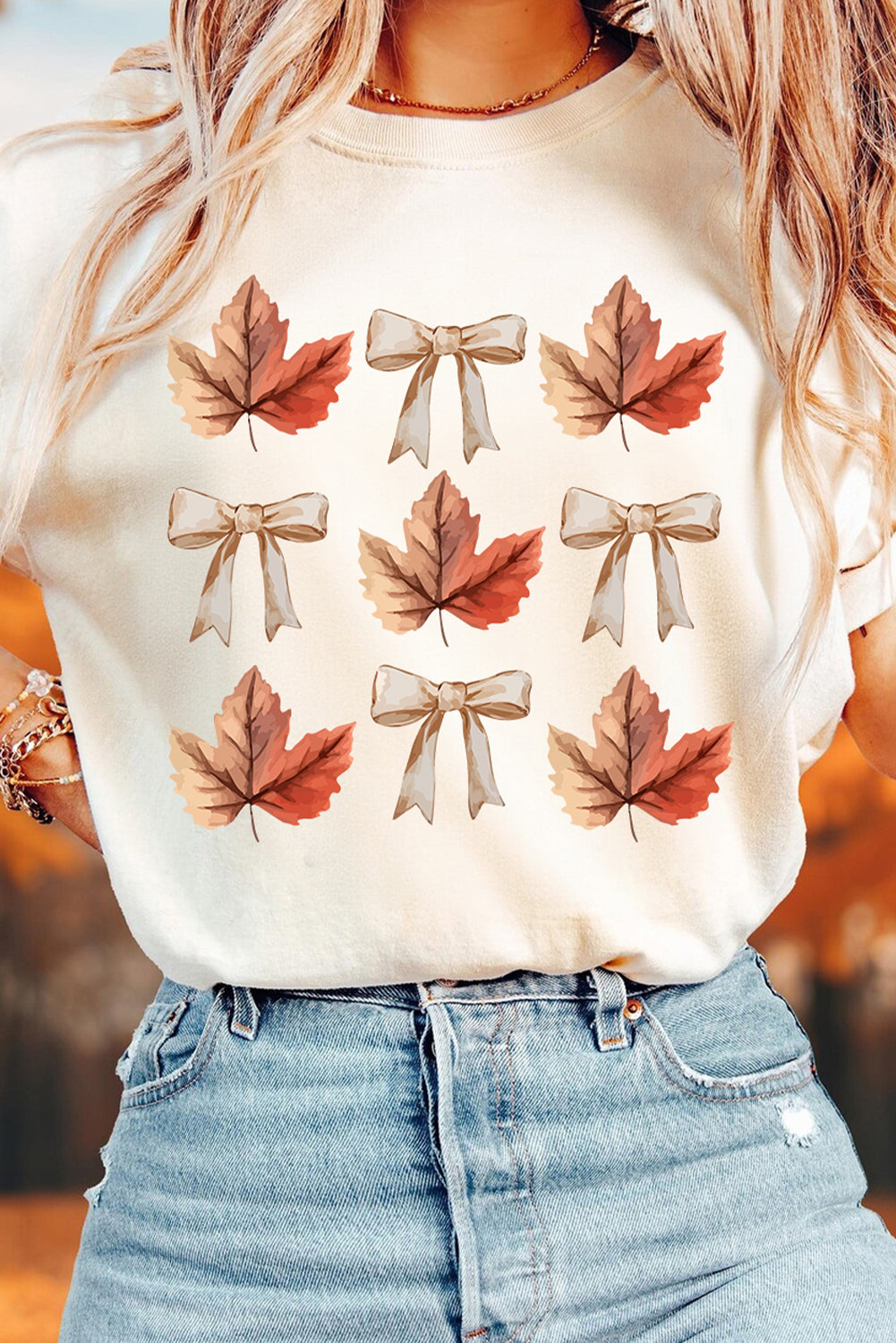 White Fall Leaf Bow Print Fashion T Shirt
