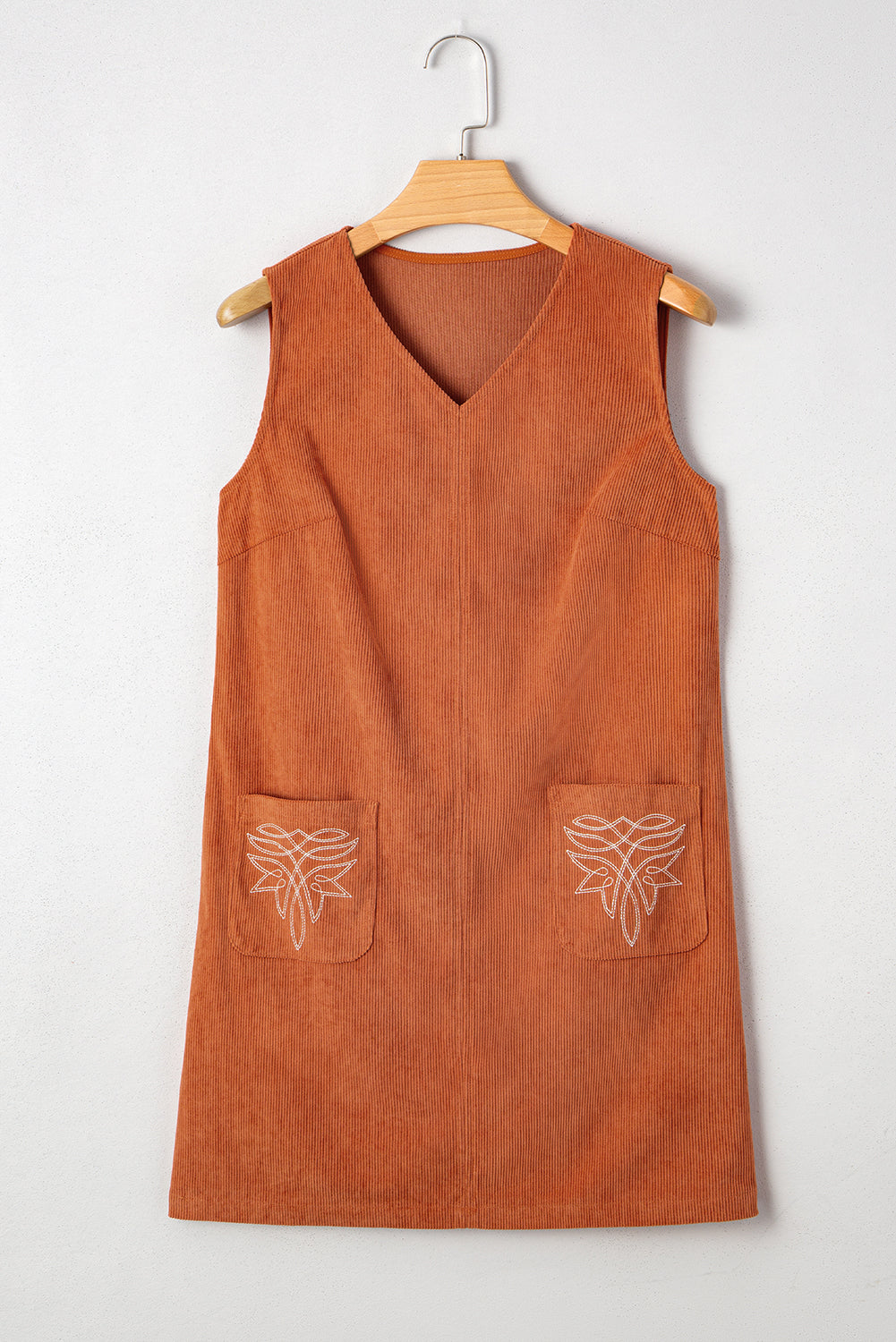 Gold Flame Corduroy Embroidered Patch Pocket Sleeveless Mini Dress