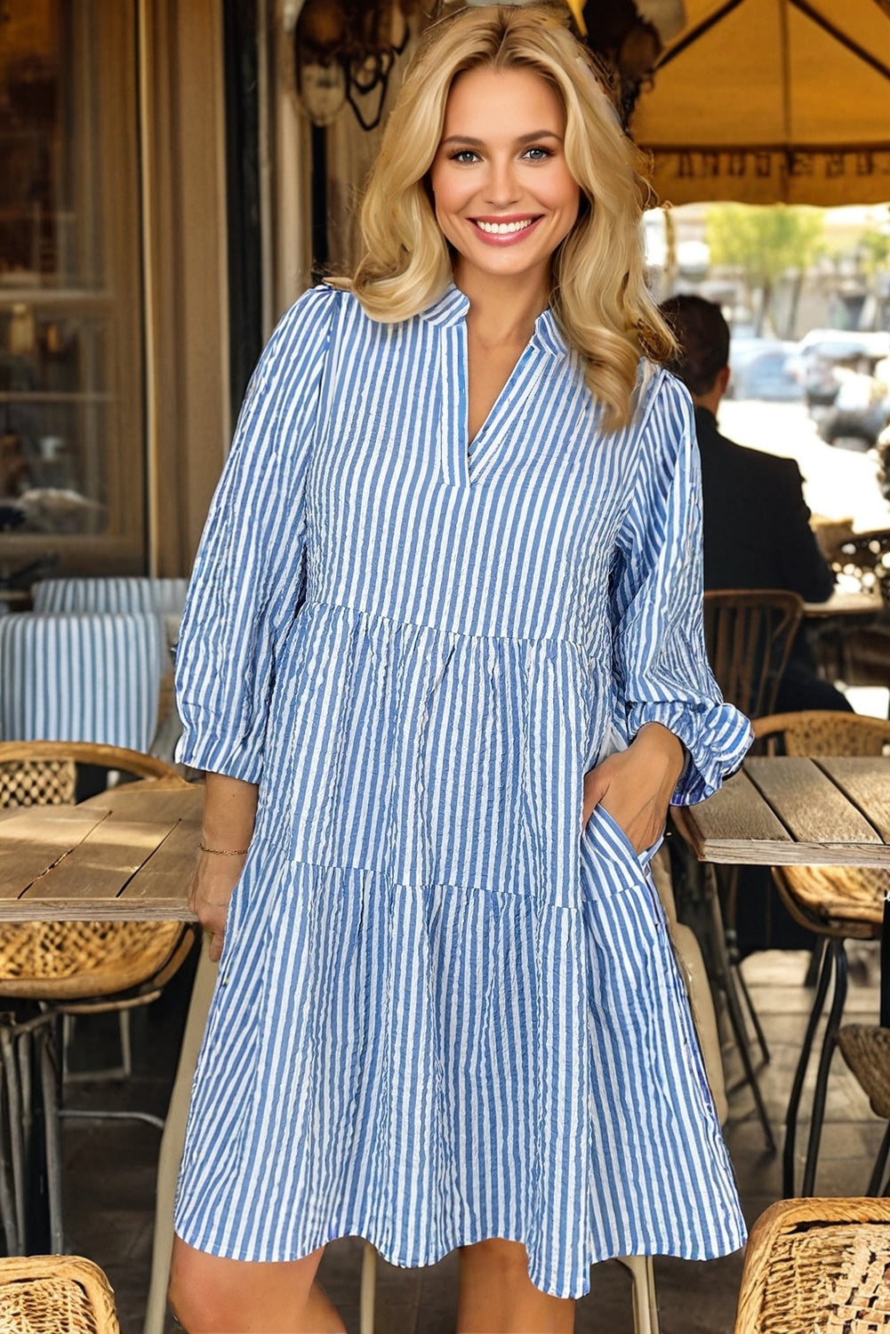 Sky Blue Striped Textured Bracelet Sleeve Tiered Mini Dress
