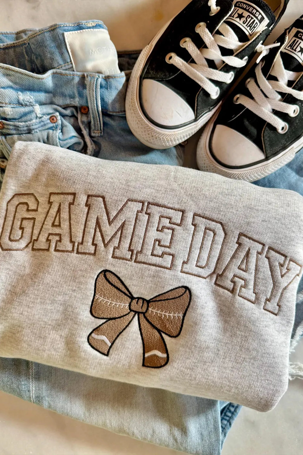Gray GAME DAY Football Bow Embroidered Casual Sweatshirt