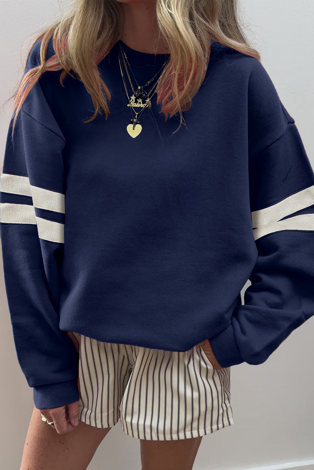 Navy Blue Preppy Striped Sleeve Loose Sweatshirt