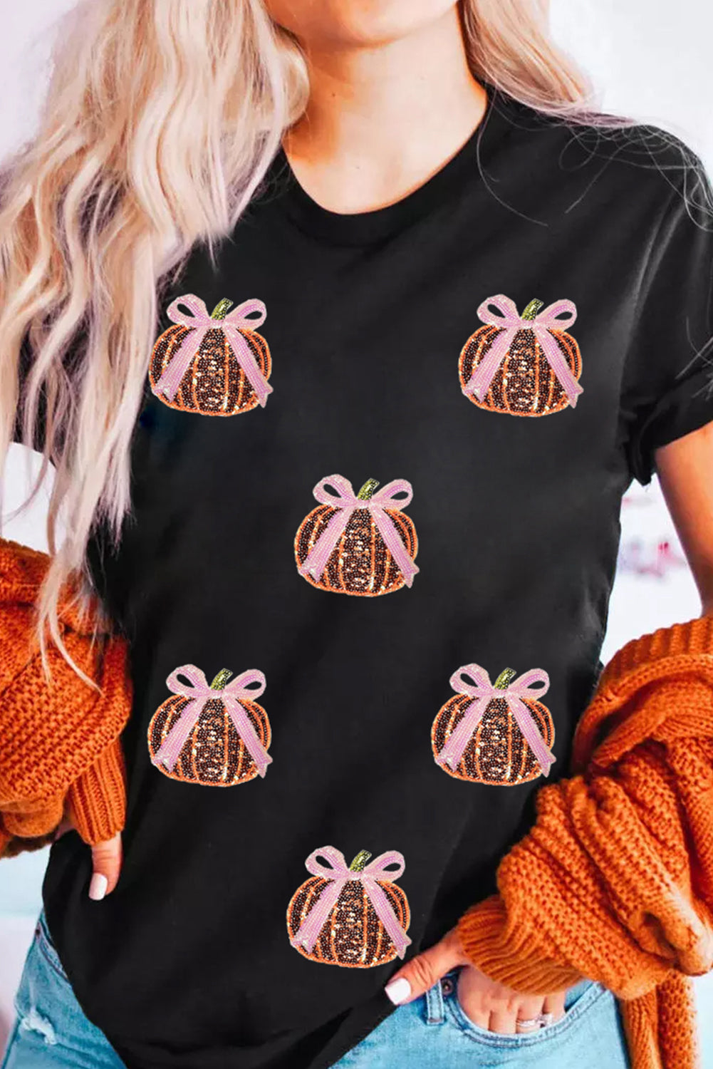 Black Sequin Bow Pumpkin Patched Cotton Blend T Shirt
