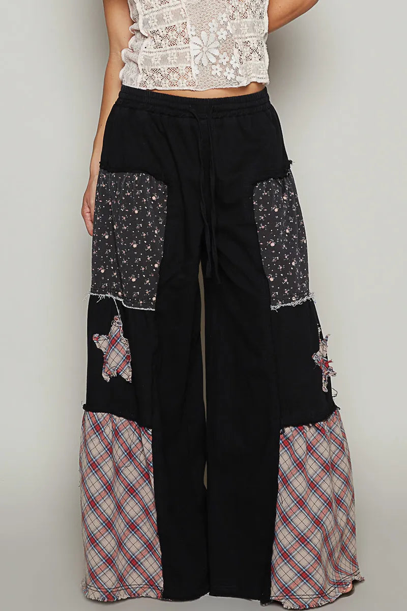 Drawstring Star Patch Contrast Wide Leg Pants