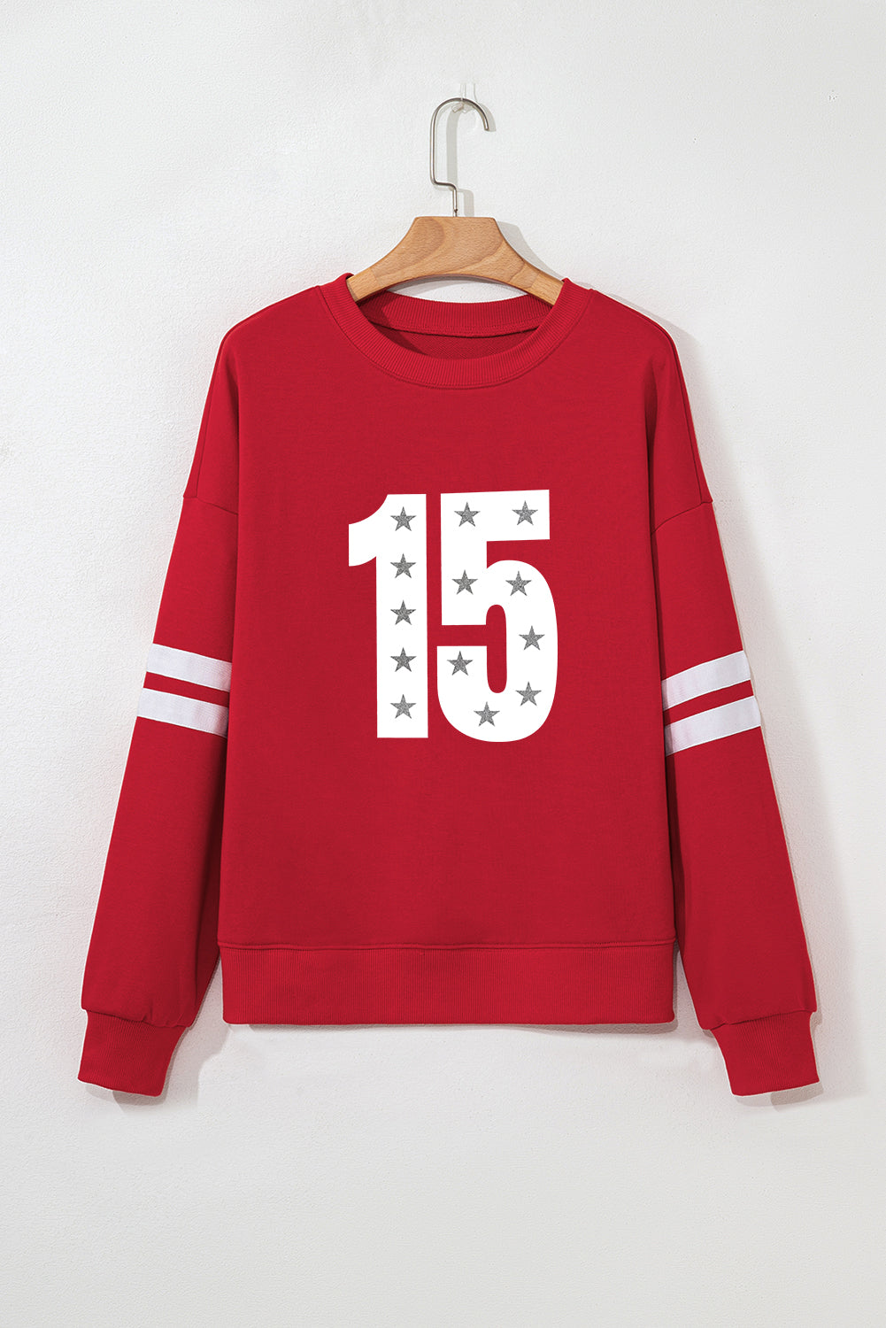 Fiery Red Starry Number 15 Printed Oversize Varsity Sweatshirt