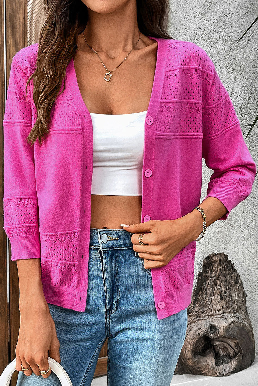 Bright Pink Hollow Knit 3/4 Sleeve V Neck Cardigan