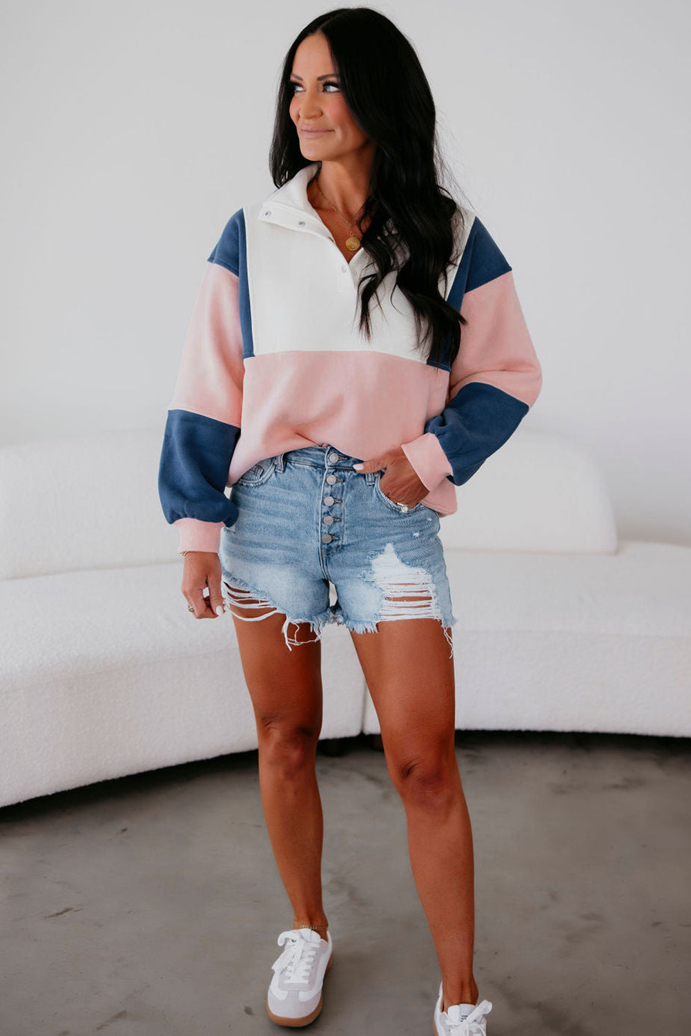 Pink Colorblock Patchwork Half Button Baggy Sweatshirt