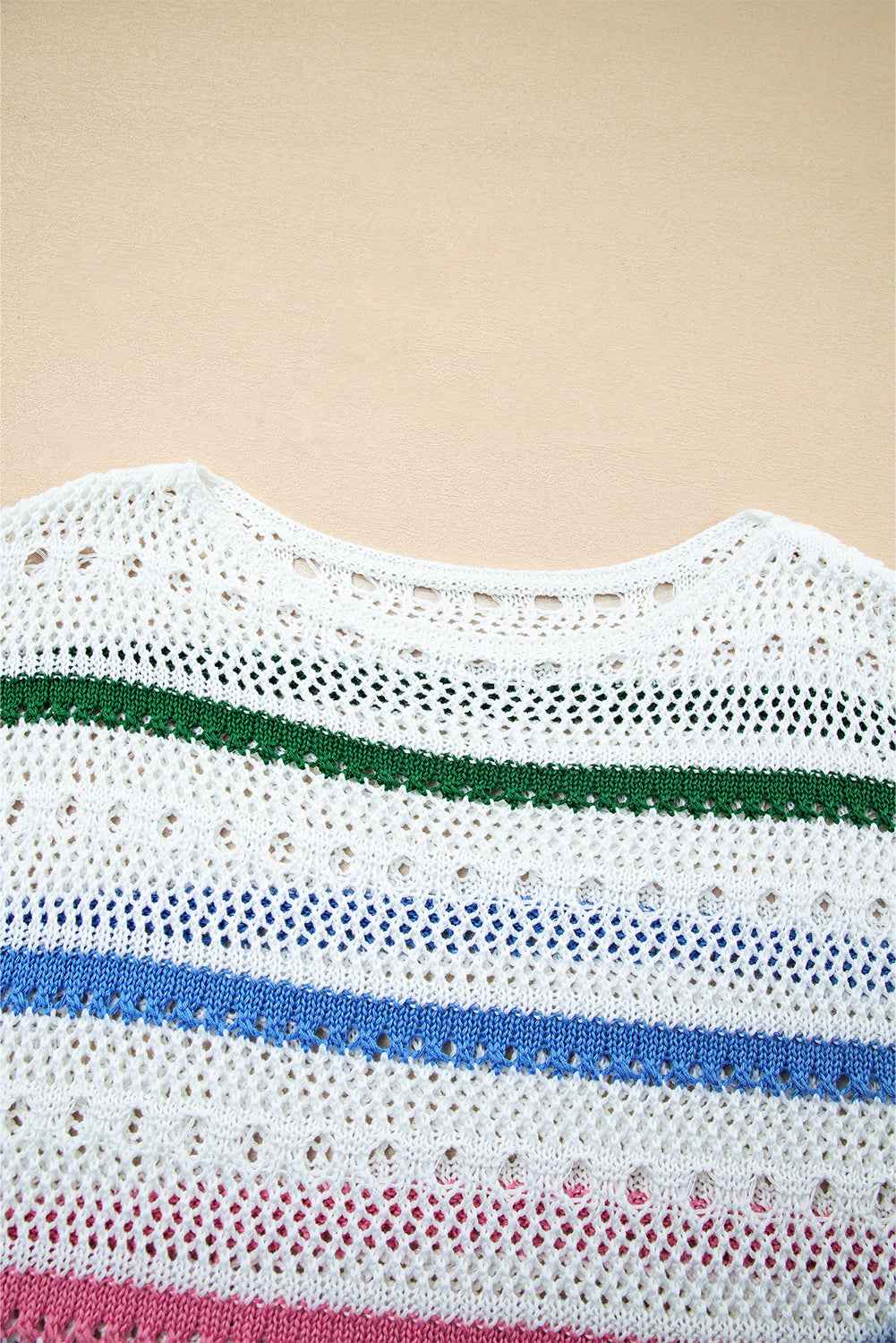 White Colorblock Striped Pointelle Knit Sweater