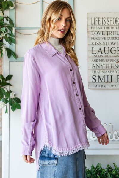 Veveret Raw Hem Button Up Long Sleeve Shirt-4