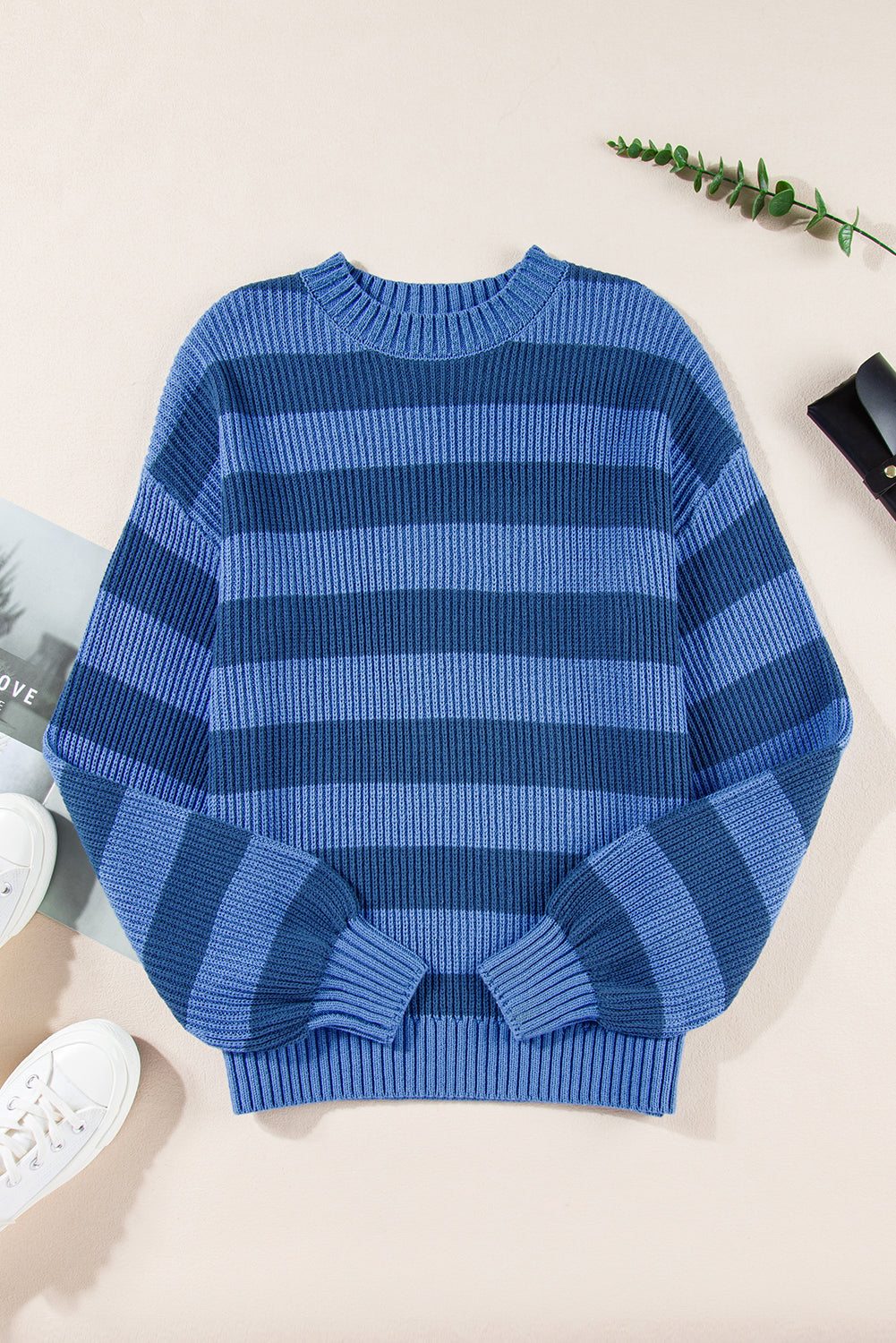 Blue Striped Drop Shoulder Casual Sweater
