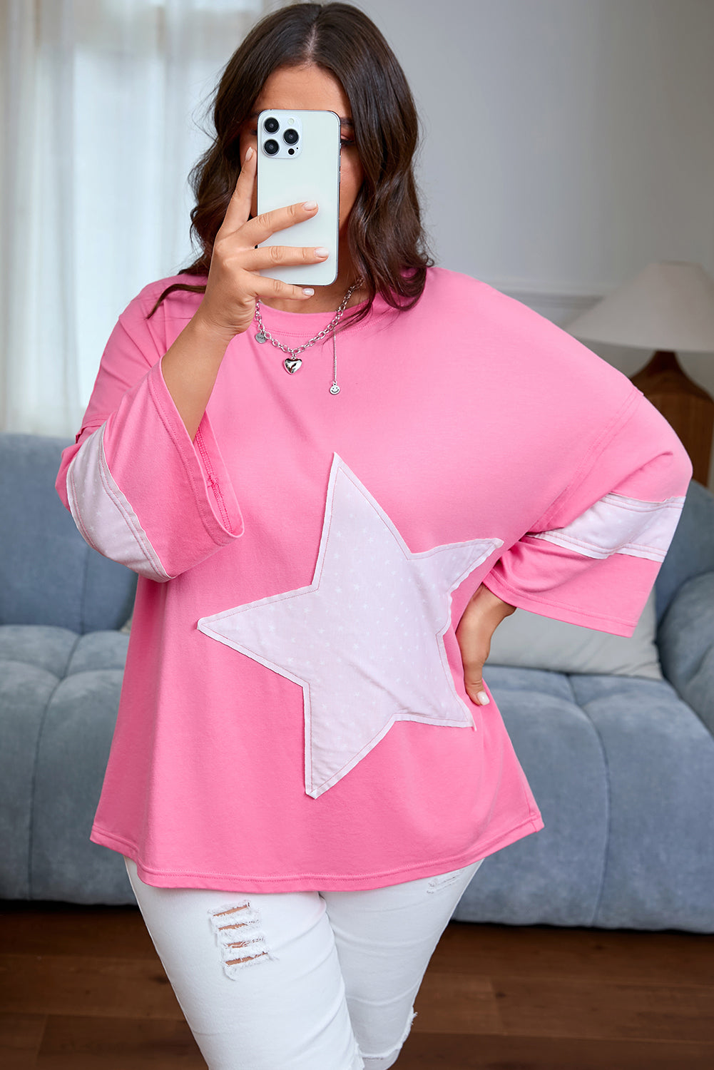 Pink Raw Edge Frayed Star Patched Plus Size Top