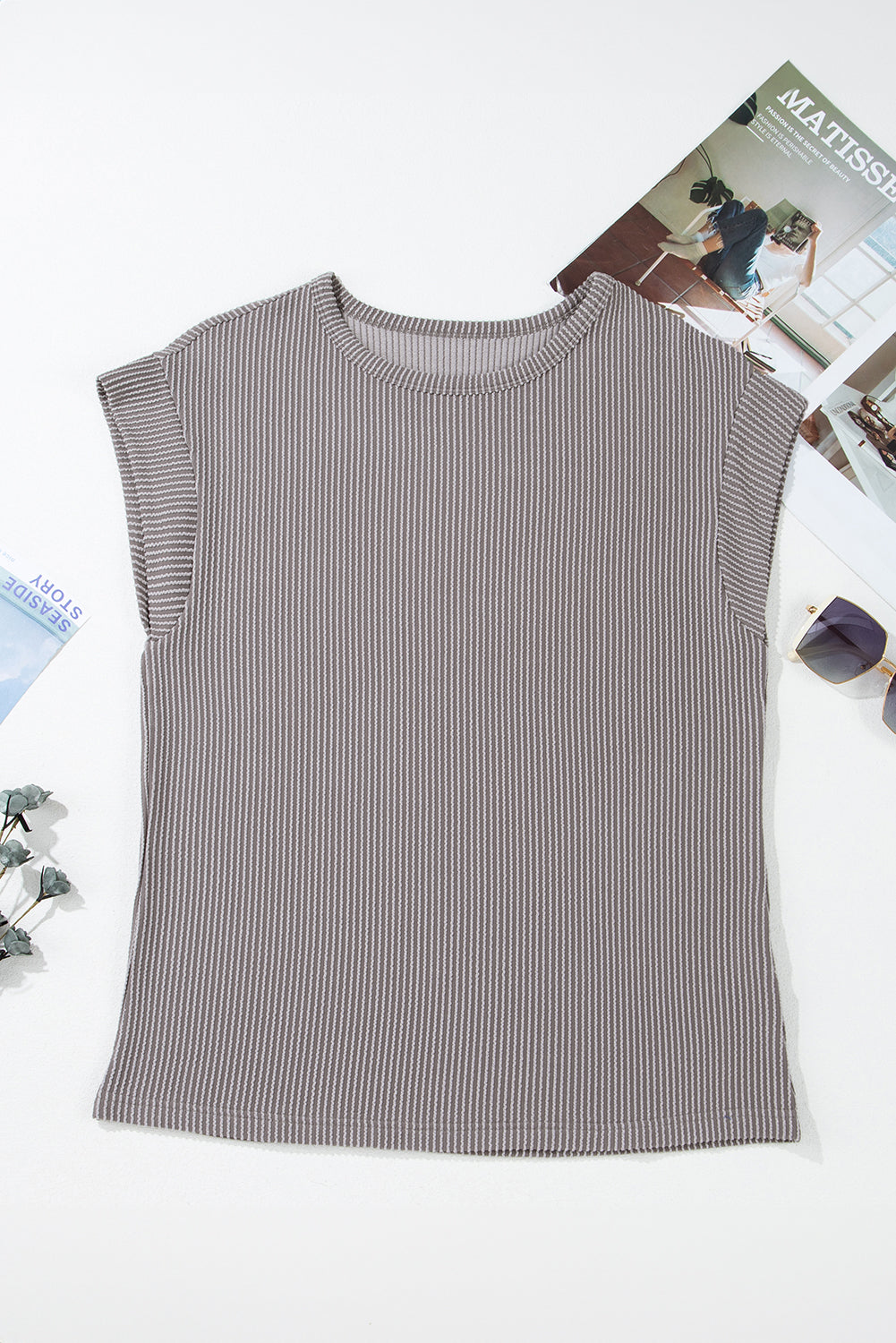 Gray Twisted Ribbed Textured Plain T Shirt
